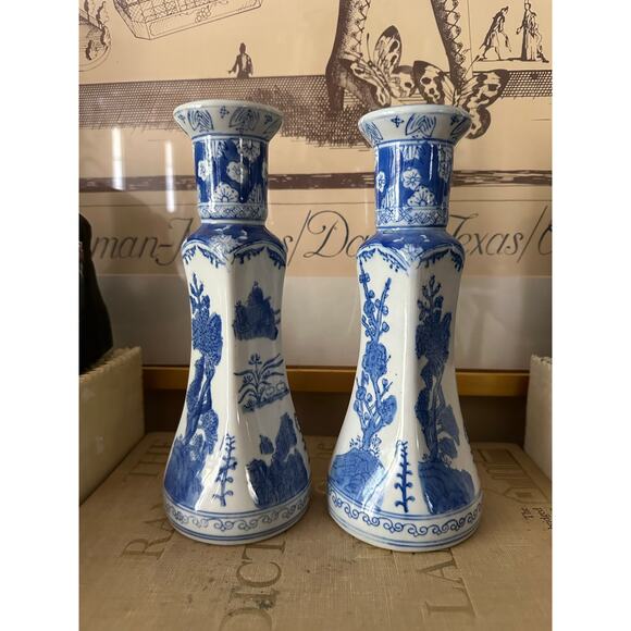 2 China Chinese Blue & White Porcelain Candlesticks Bamboo Prunus & Fungi pair - Picture 1 of 16